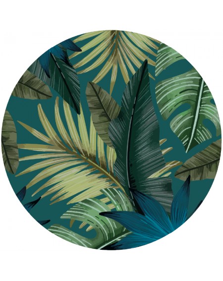 Detalle alfombra vinílica redonda tropical azul Deco&Fun