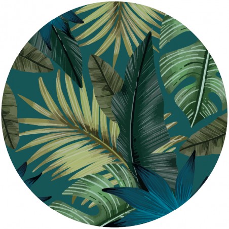 Detalle alfombra vinílica redonda tropical azul Deco&Fun